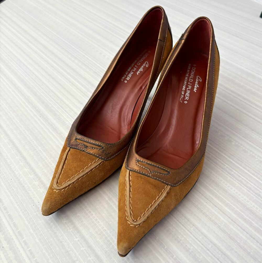 Couture Donald J Pliner Italian Suede Pointed Toe Heels Brown 7.5M Y2K